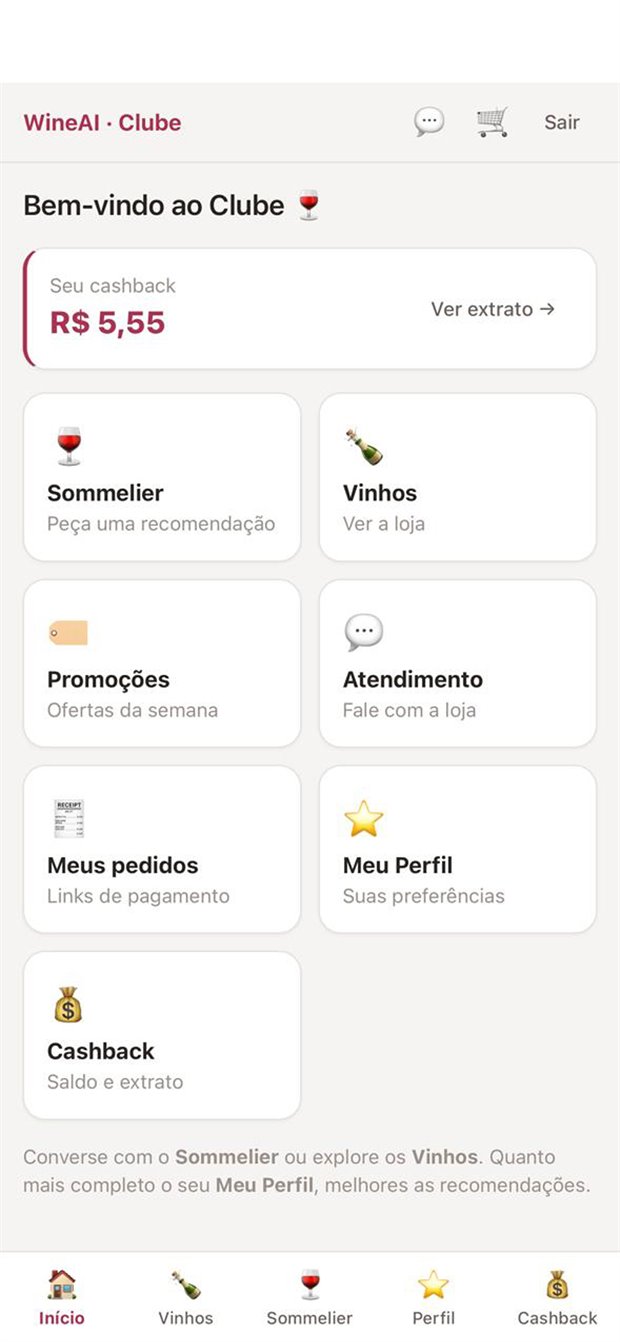 WineAI Clube home screen with cashback balance and shortcuts