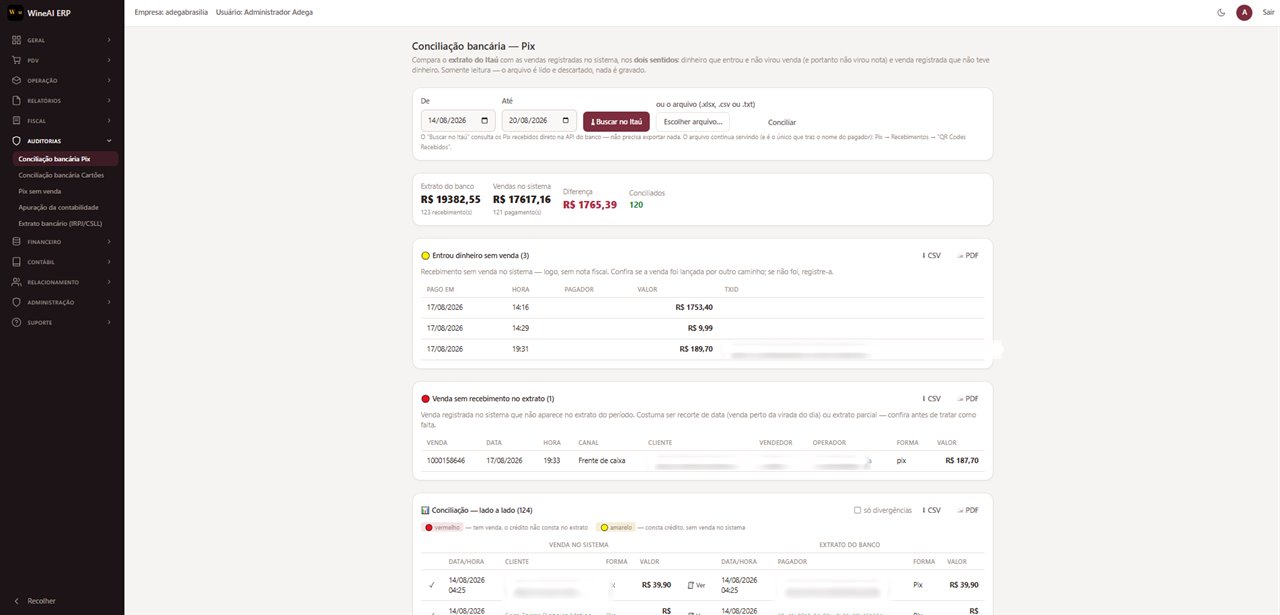 Bank reconciliation screen comparing the bank statement with the sales recorded in the system