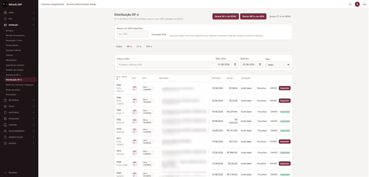 Screen listing electronic invoices downloaded from the tax authority, ready to import