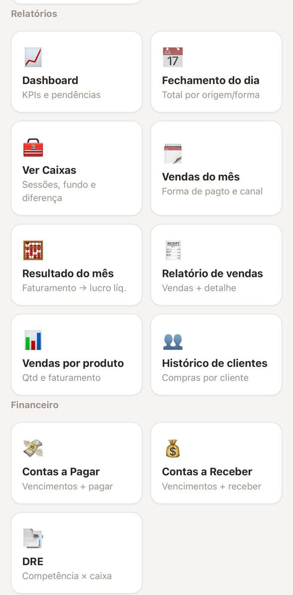 Reports and finance menu in the ERP Mobile app
