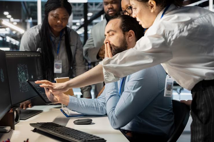 Equipe analisando dados de uma operação na tela