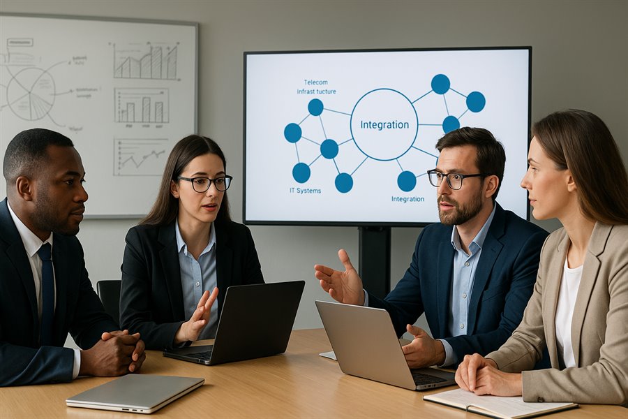 Equipe discutindo a arquitetura de integração entre sistemas