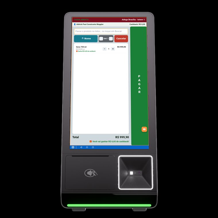 Kiosk cart with a scanned item, total and a vertical pay button