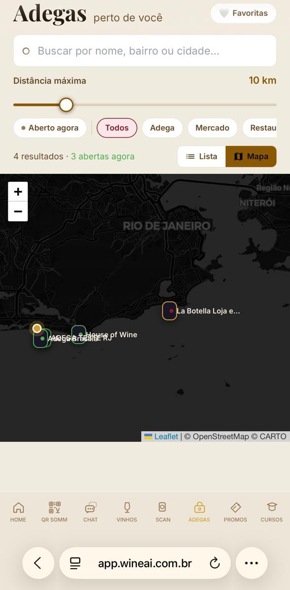 Map of nearby wine shops with distance and venue type filters